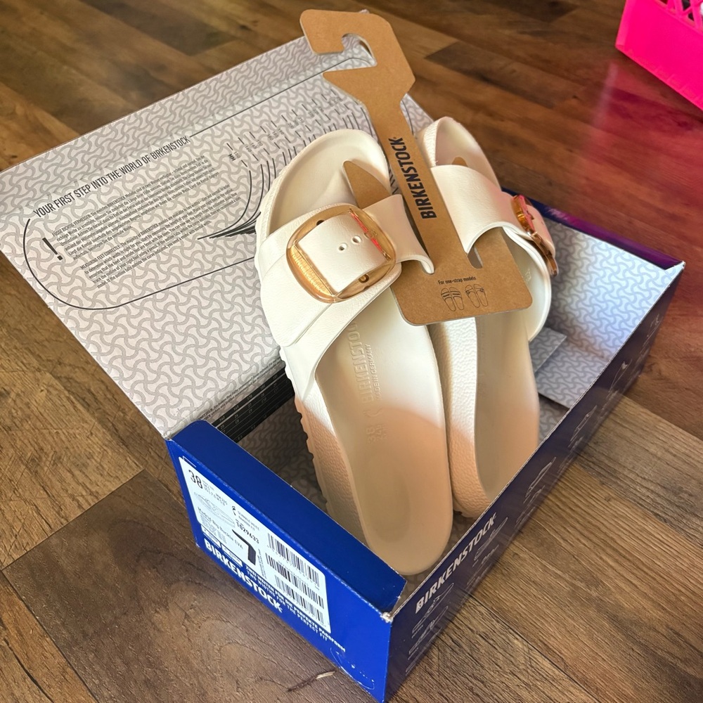 Birkenstock Madrid EVA Slide Sandals - Cream with Gold Buckle